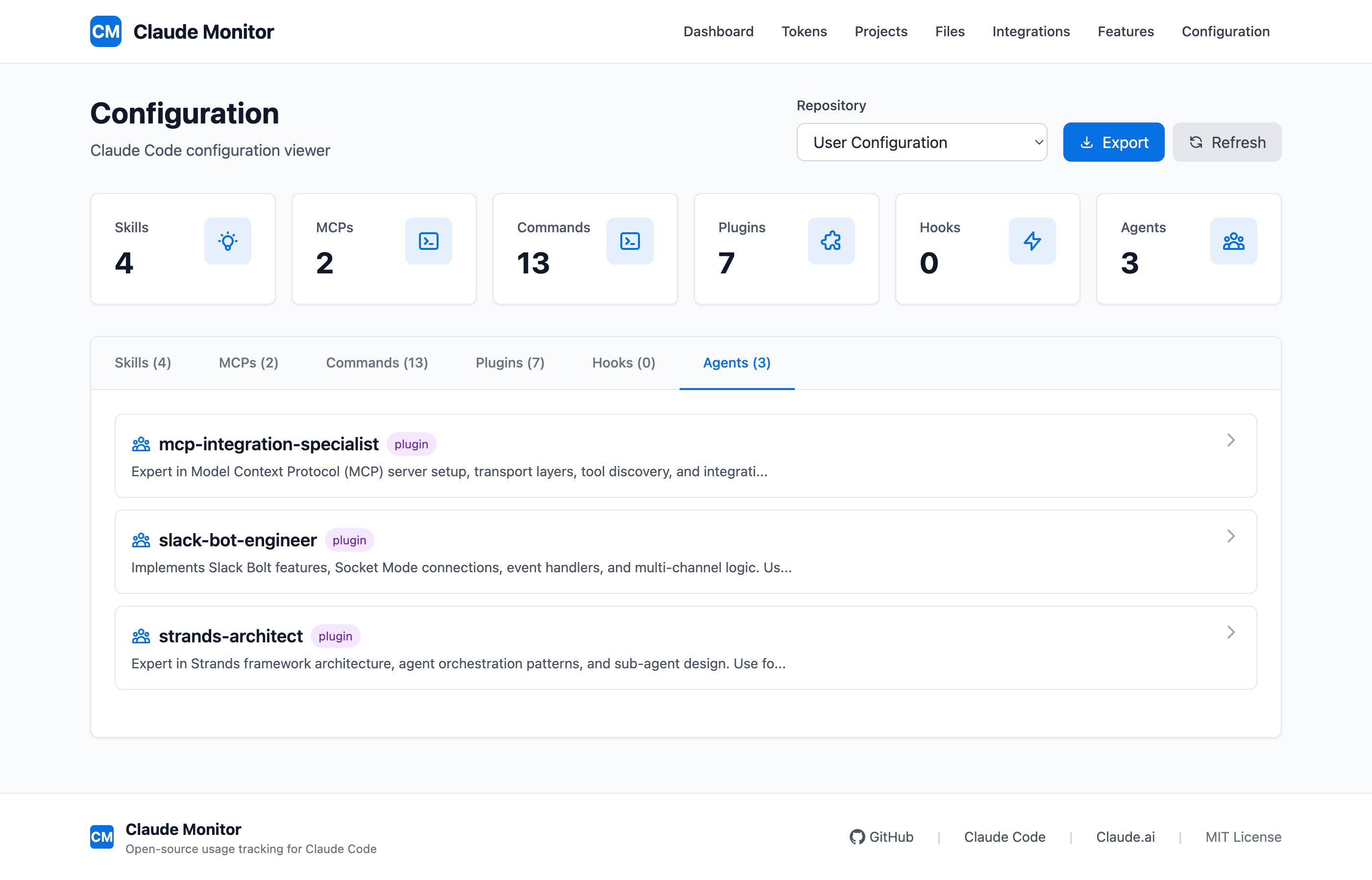 Claude Code configuration analysis dashboard showing skills, MCP servers, and plugins